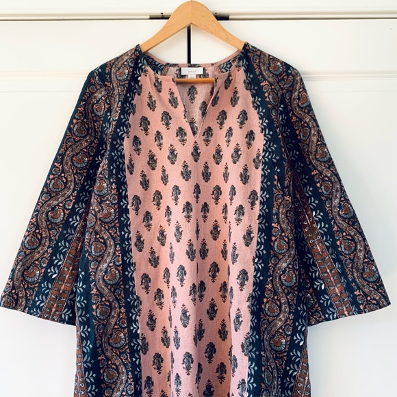 J. Jill Tunic Cotton Linen Block Print Floral Shift Split Neck 3/4 Sleeve Size M - Picture 3 of 8